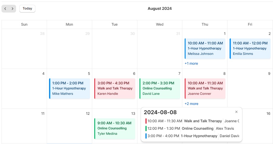 Meety booking app - admin calendar