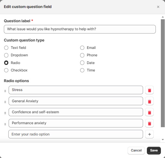 Custom question settings on the Meety booking app.