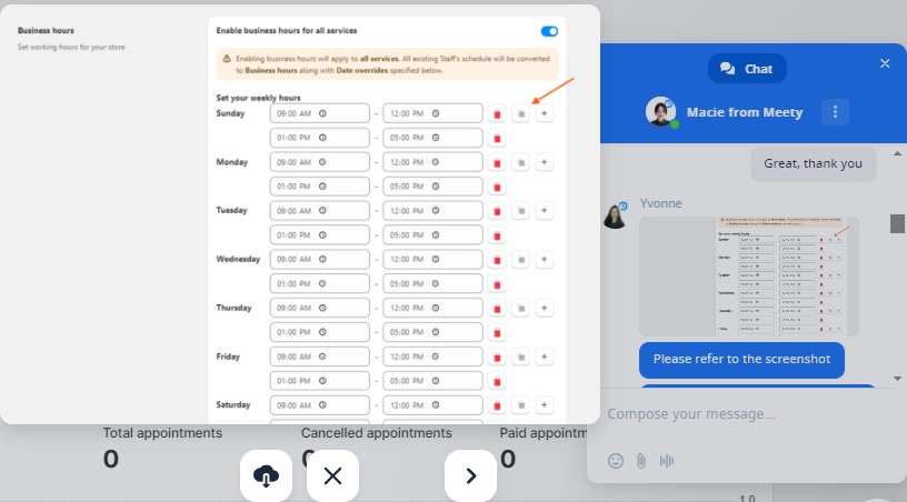 Interaction with customer service for the Meety calendar app.