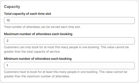 Screenshot of editing the capacity of appointments for group therapy bookings on Meety