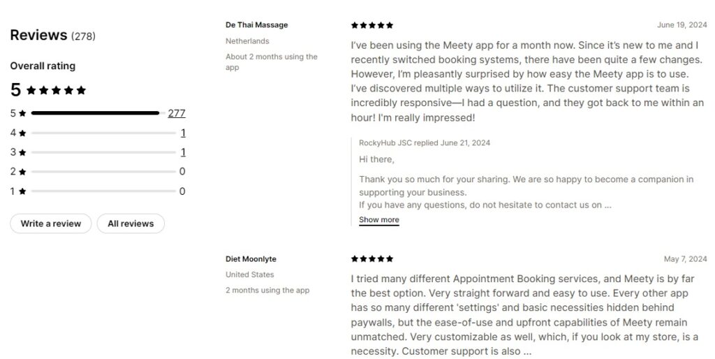 Meety booking app reviews on the Shopify App Store.