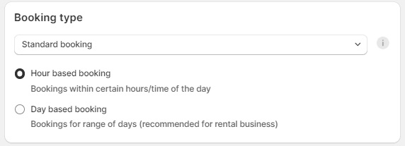 Meety Shopify calendar app - Booking types with standard booking selected.
