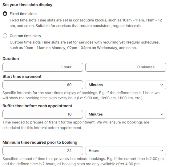 Meety app - time slot settings