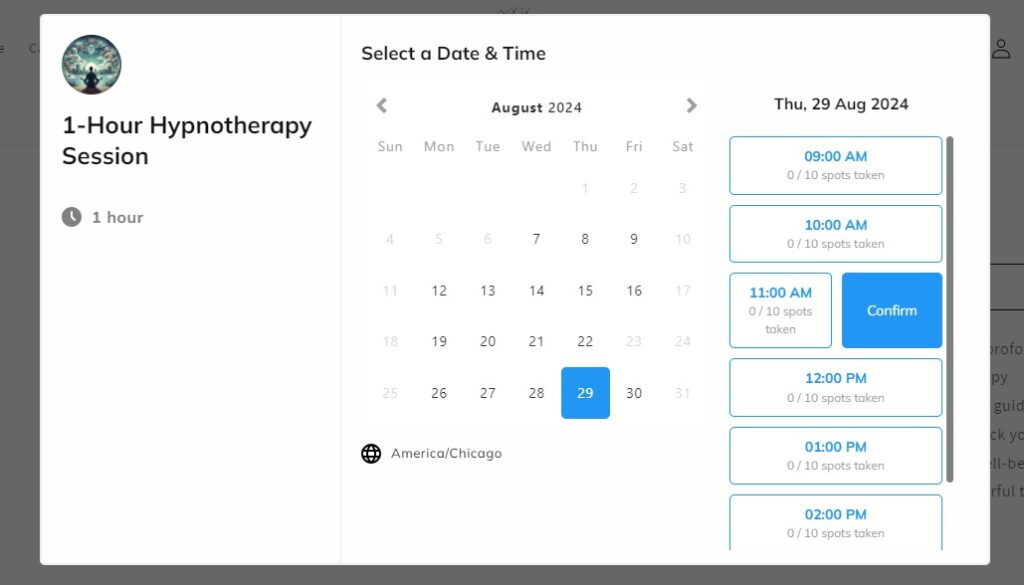 Propel's user-facing booking calendar.