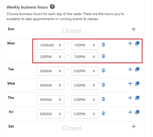 Propel appointment calendar app's business hours settings. 