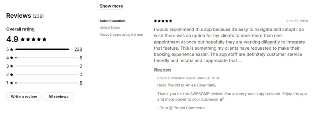 User reviews of Propel on the Shopify App Store