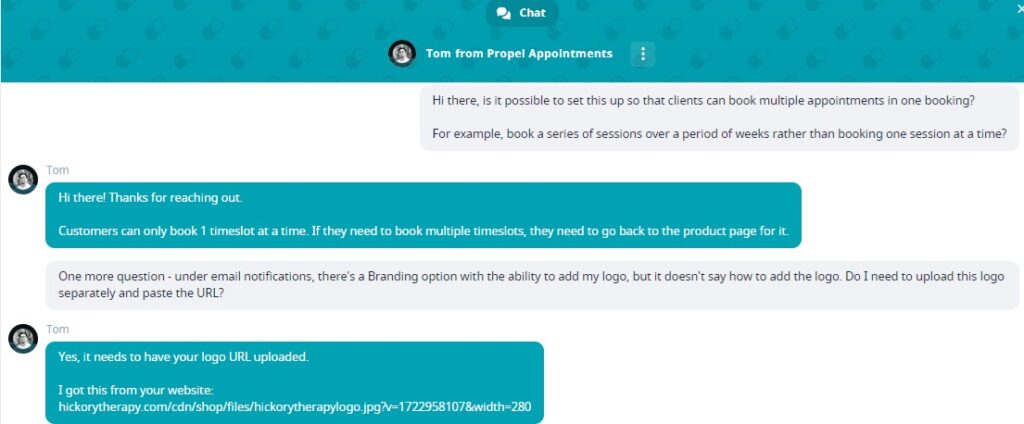 Screenshot of questions submitted to Propel customer support and their responses. 