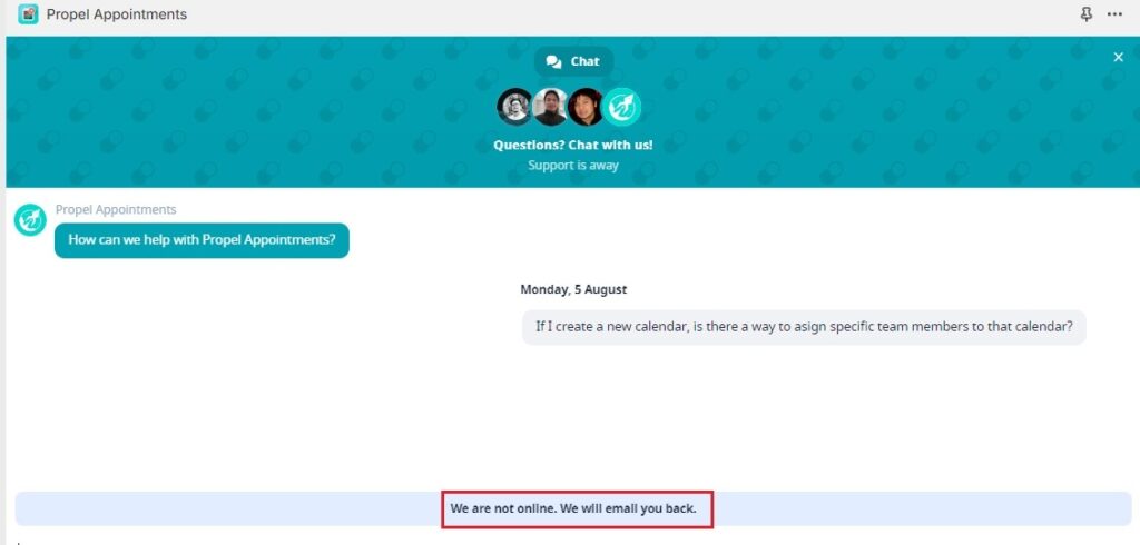 Screenshot of attempted chat with Propel's customer support, showing them to be offline.