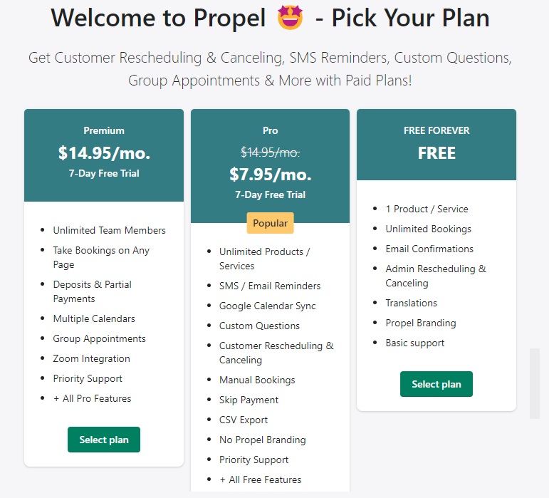 Pricing table for the Propel Shopify booking app. 