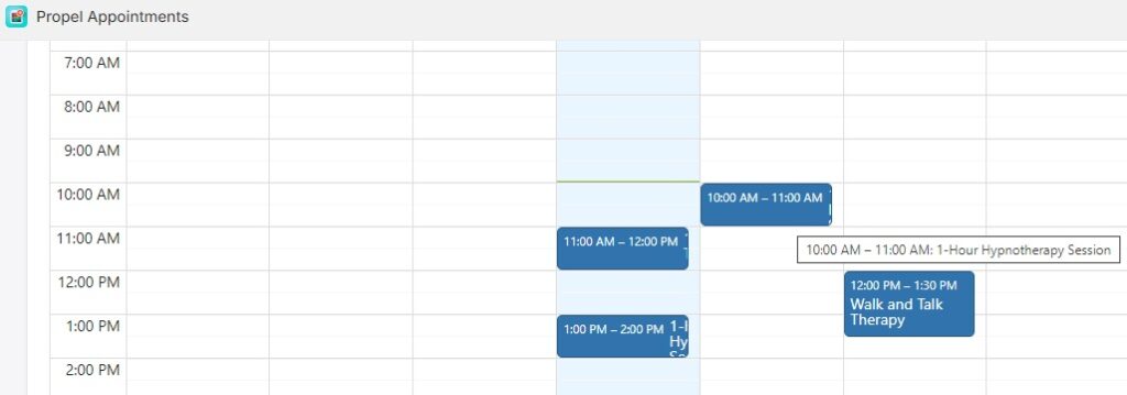 Example of Propel schedule calendar in week view. 