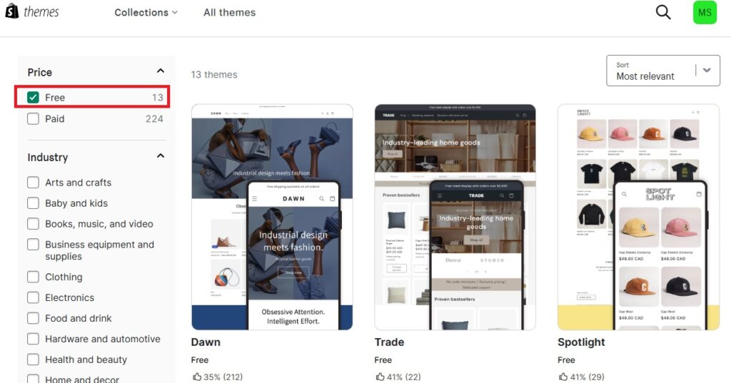 Screenshot showing limited free themes for therapists using Shopify.